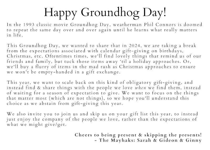 Side two of our 2024 Groundhog Day card